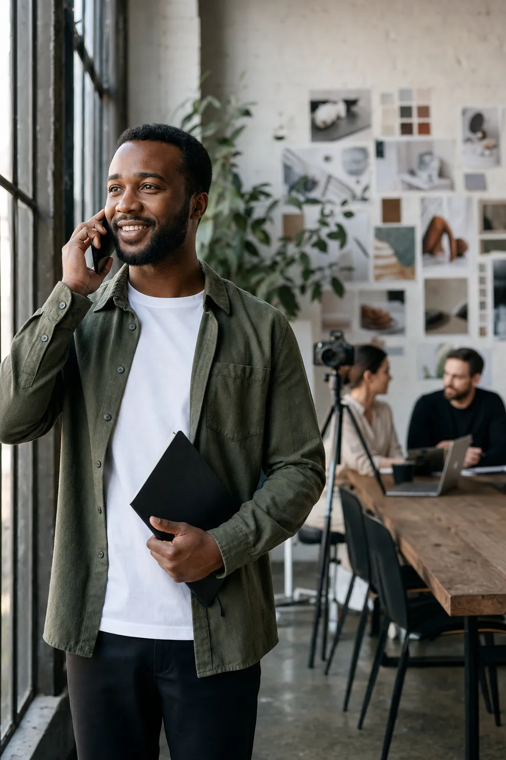An agency account lead on a phone call in a bright studio