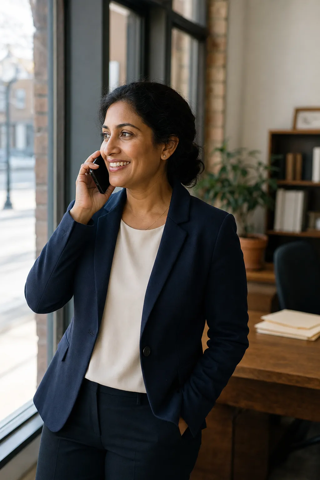 An insurance agent on a phone call beside the front window of her agency office