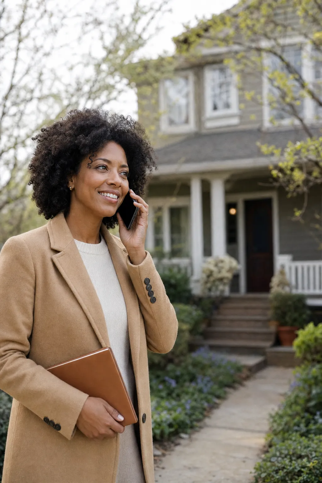 A real estate agent on a phone call on the front walk of a craftsman house