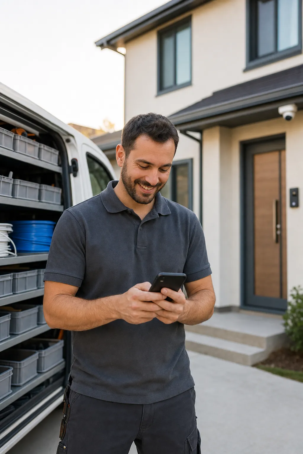 A security installer checking jobs on his phone beside the van