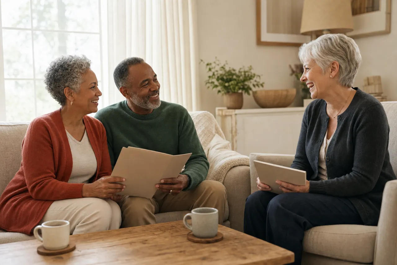 A financial planner holding an annual review with a couple in their living room