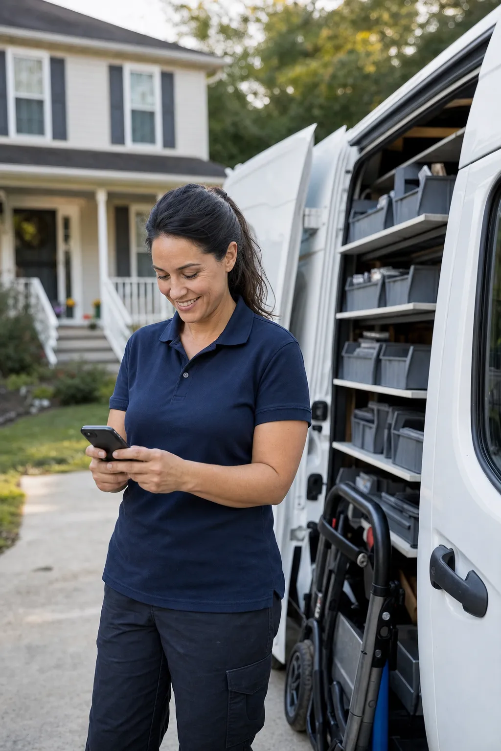 An appliance repair owner checking the day's jobs on a phone beside the service van, its side door open on shelves of parts bins