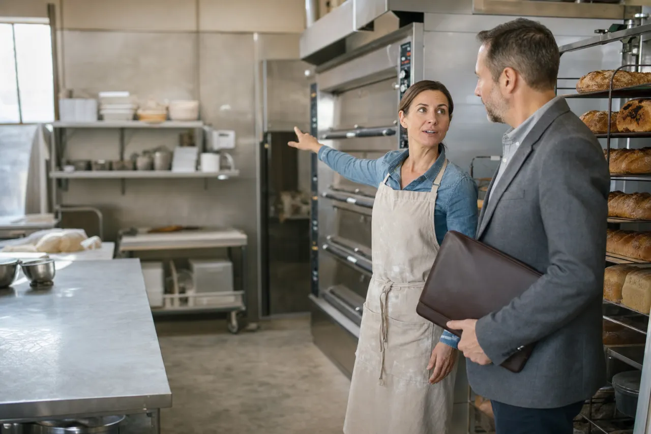 An insurance agent walking through a bakery kitchen with the owner