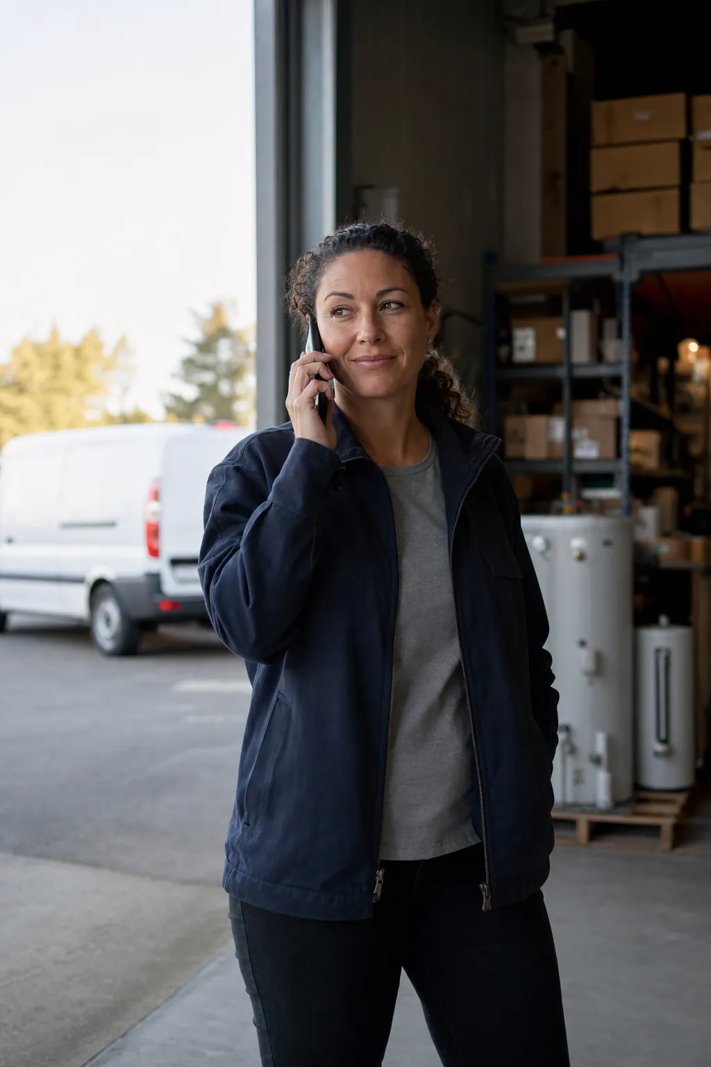 A branch manager on a phone call in the door of her branch warehouse