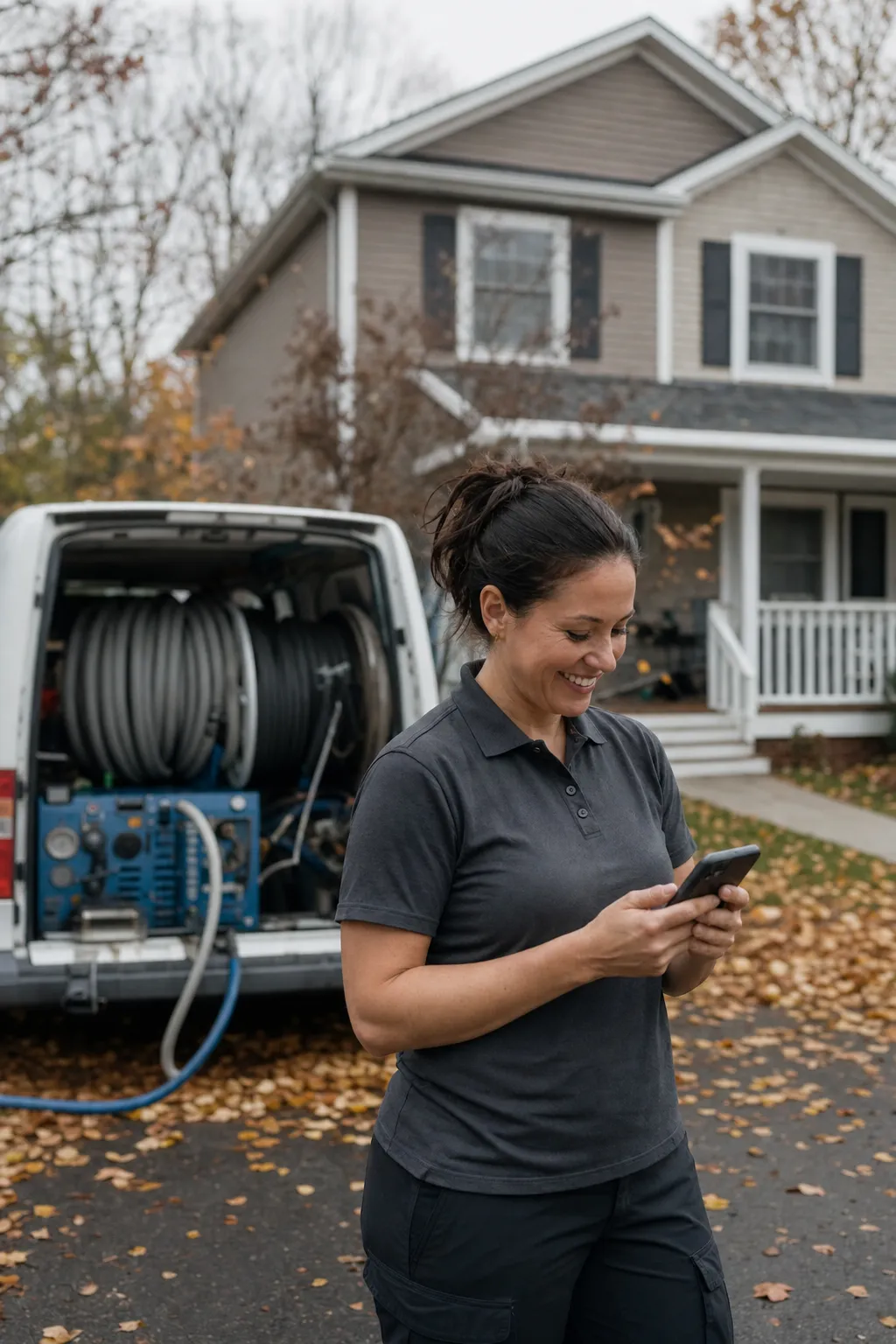 A carpet cleaning owner checking the day's jobs on her phone in a driveway, a van with a truck-mounted unit and hose reels behind her