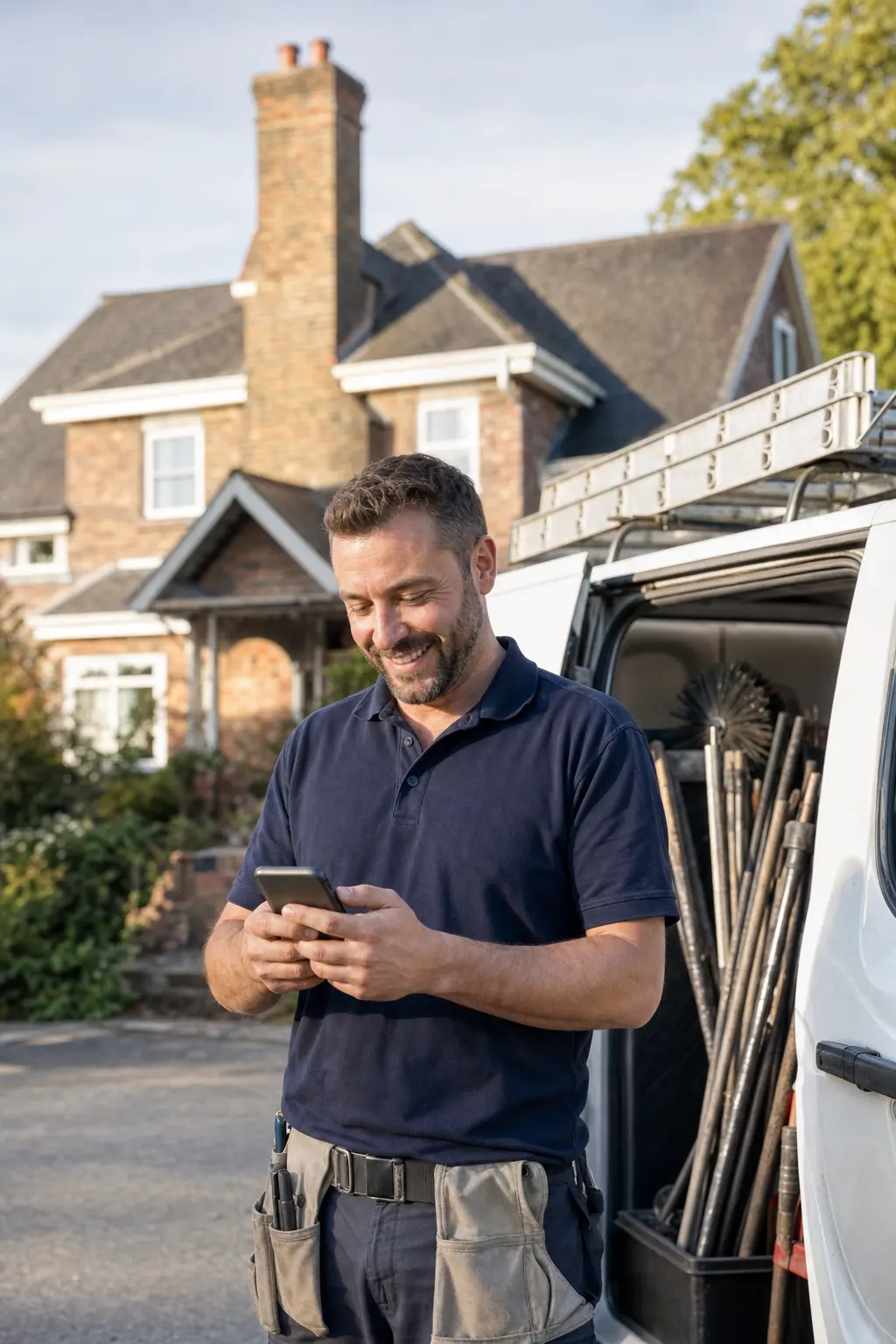 A chimney sweep checking the day's jobs on a phone beside the work van, a brick house with a tall chimney behind