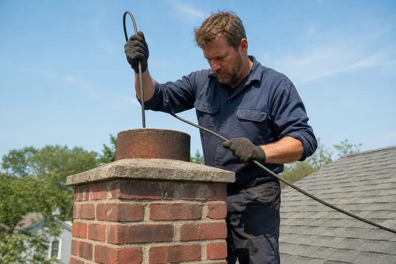 A chimney sweep brushing a brick chimney on a roof