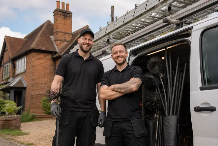 A two-person chimney sweep crew beside their work van