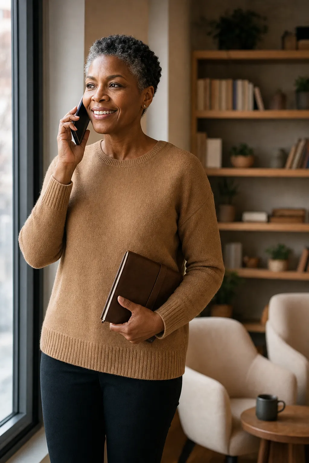 An executive coach smiling on a phone call beside the window of her coaching studio, a leather notebook in her hand