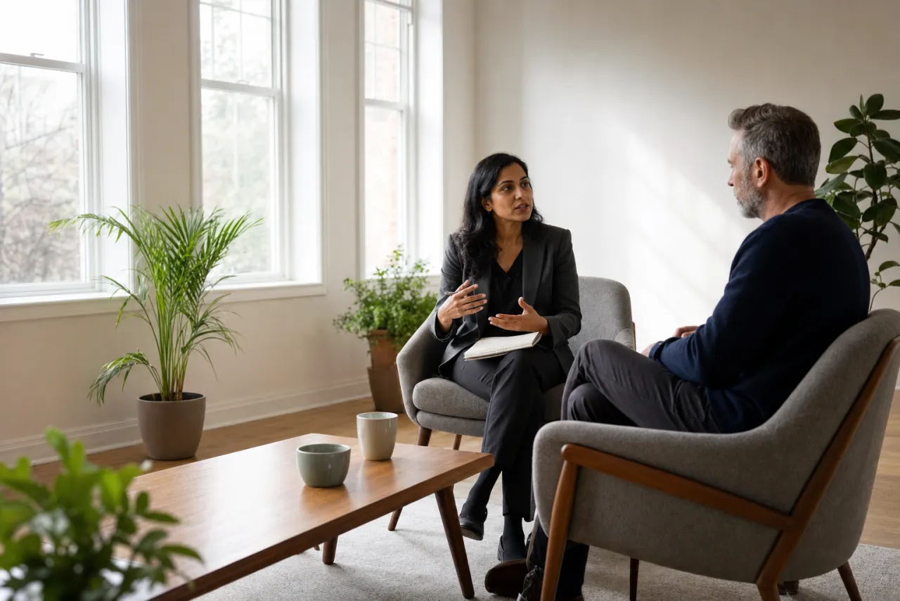 A coach and a client talking in armchairs in a bright coaching studio