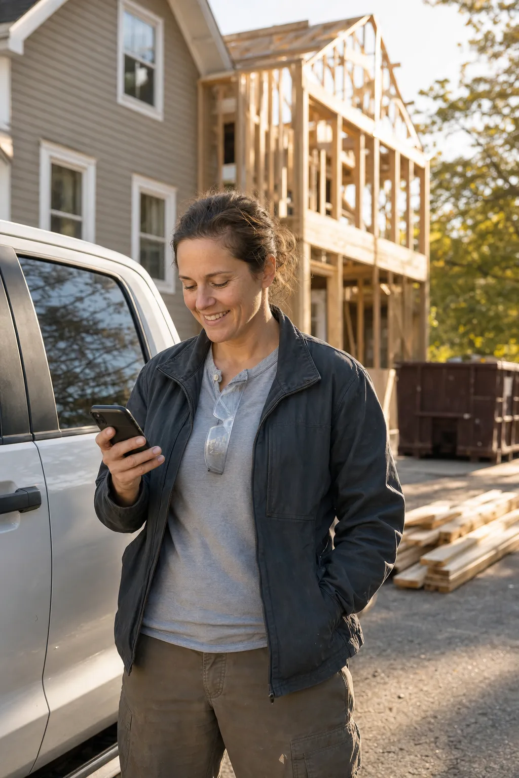 A construction company owner checking the day's jobs on her phone beside a pickup truck, a new wood-framed addition going up behind her