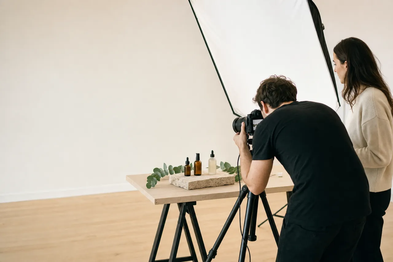 A photographer and an art director at a skincare product shoot