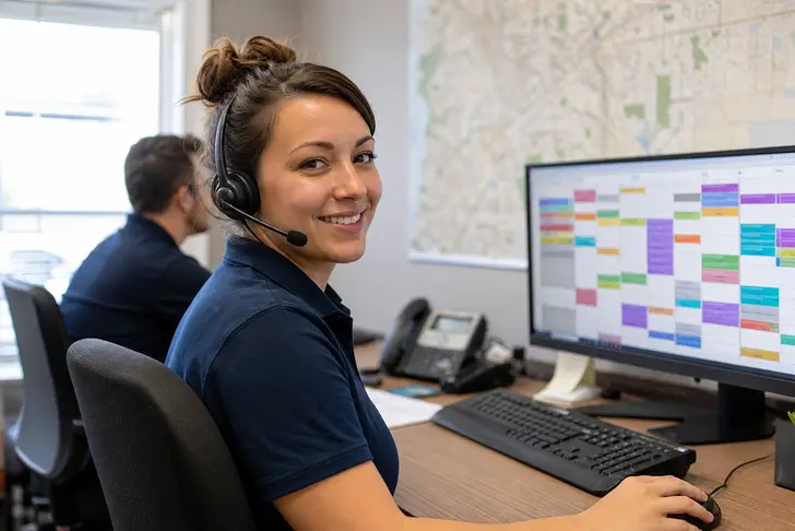 An office dispatcher on a headset at the schedule