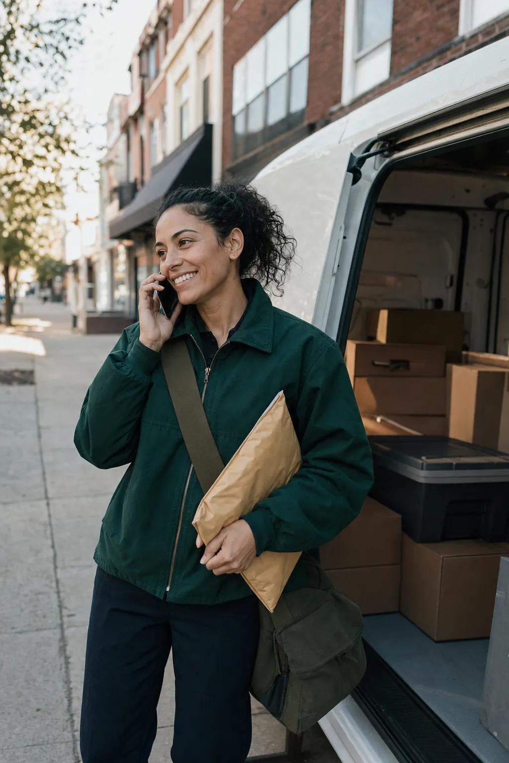 A courier driver on a phone call beside her open cargo van on a downtown street, a padded envelope under her arm