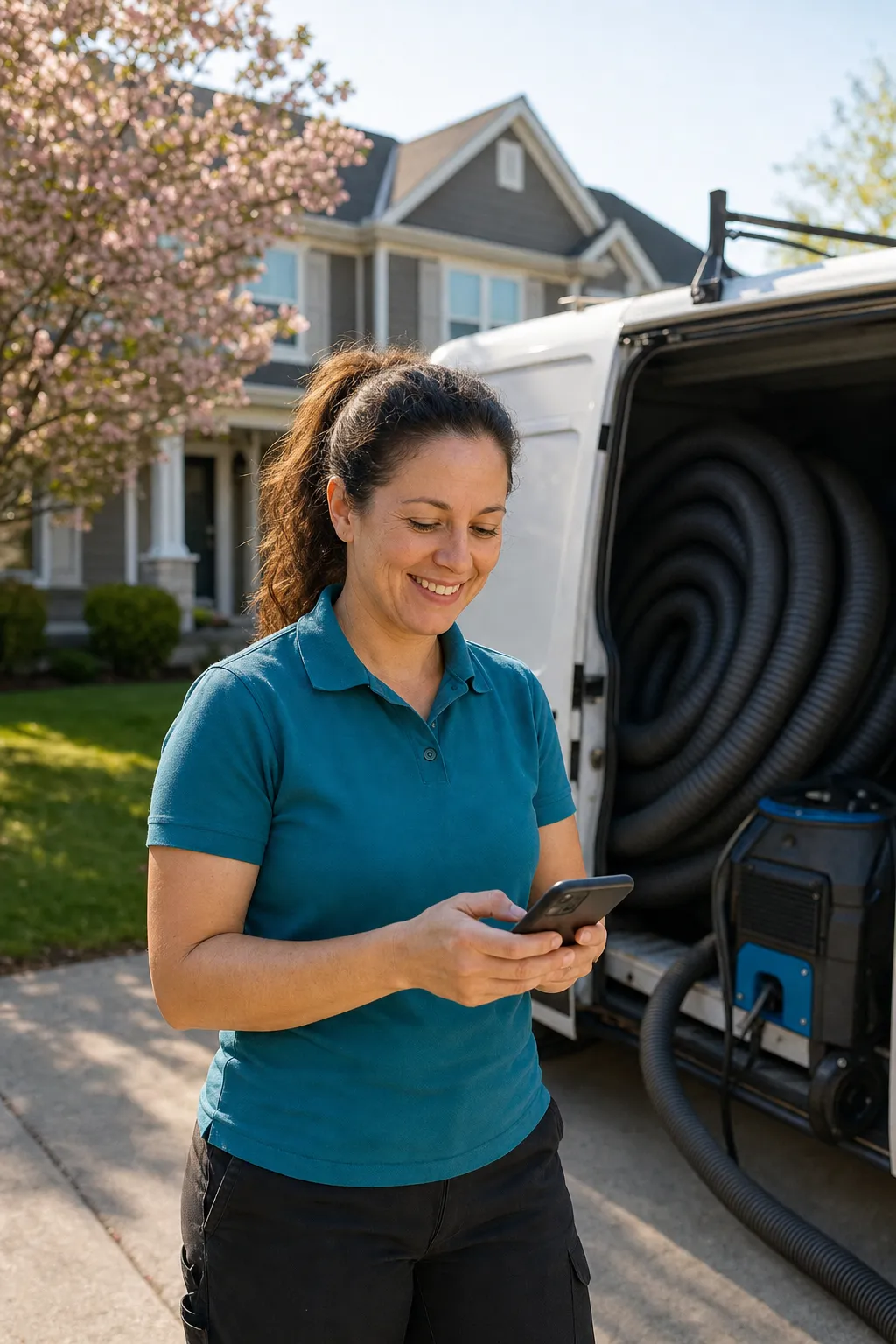 An air duct cleaning owner checking the day's jobs on her phone in a driveway, her work van with coiled vacuum hoses behind her