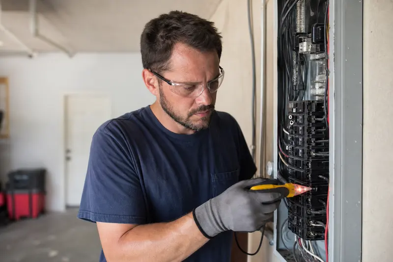 An electrician testing a breaker panel