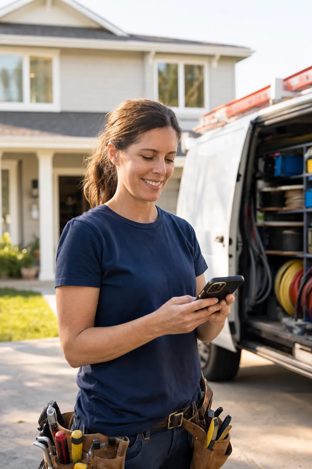 An electrical contractor checking jobs on a phone beside the service van