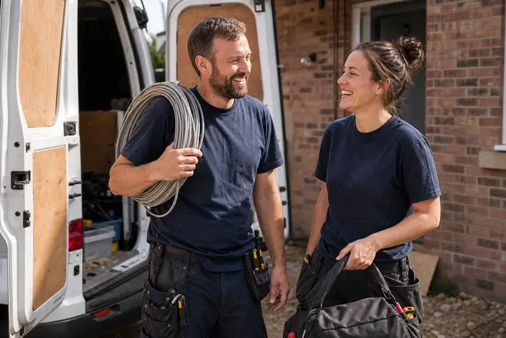 Two electricians at a residential job site