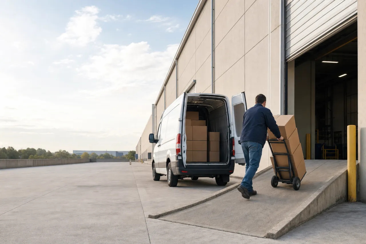 A courier wheeling a hand truck of cartons up a loading dock ramp from his van
