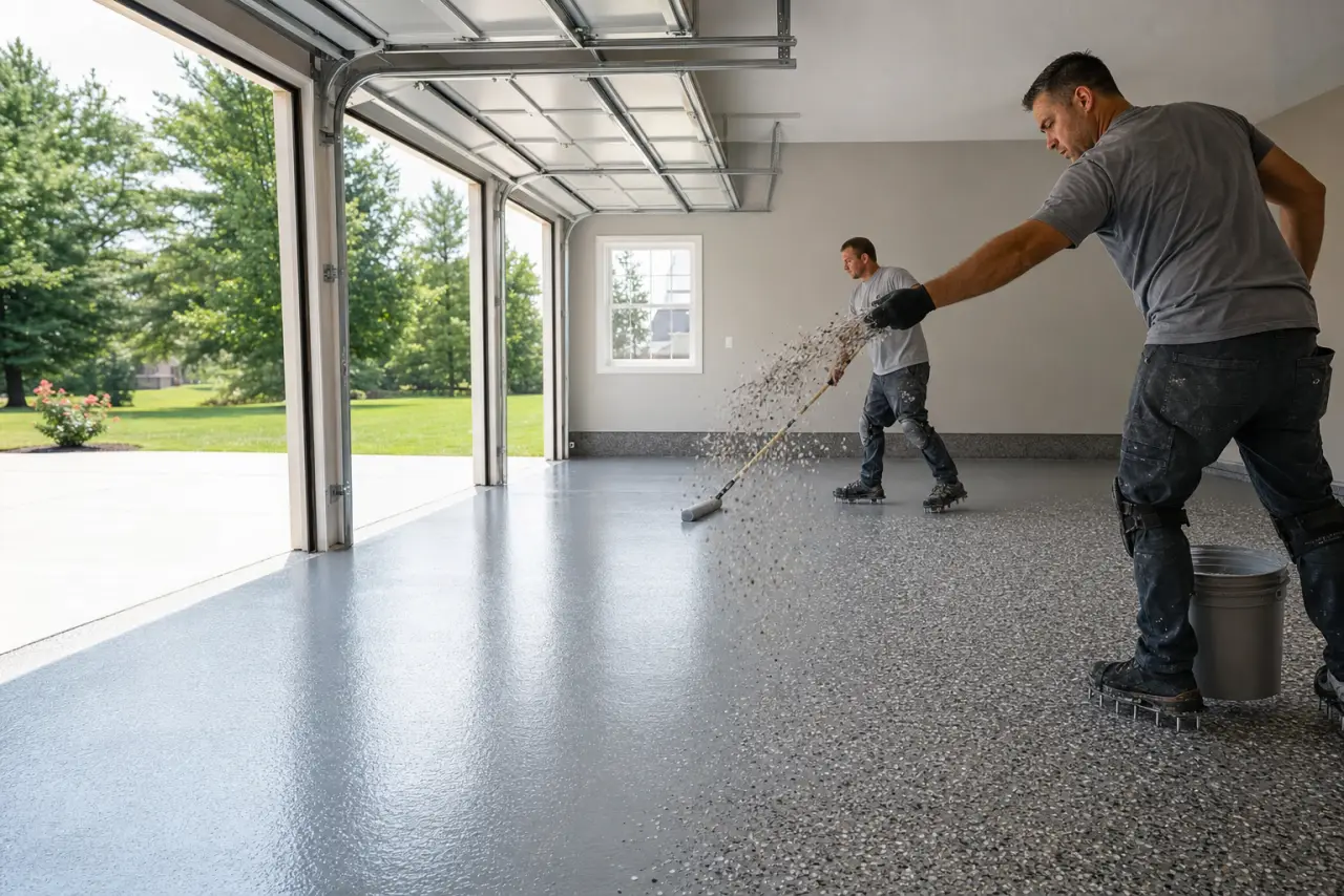 Two installers broadcasting color flakes onto a garage floor coating