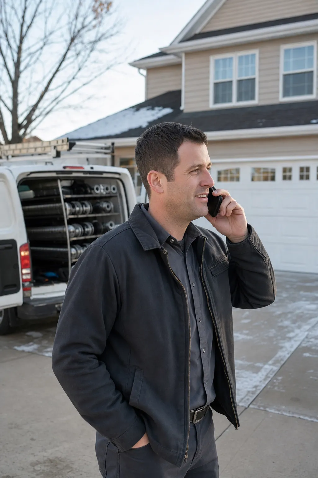 A garage door technician on a phone call in a driveway beside the work van, a house with a two-car garage door behind