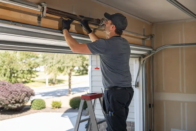 A technician adjusting a garage door spring