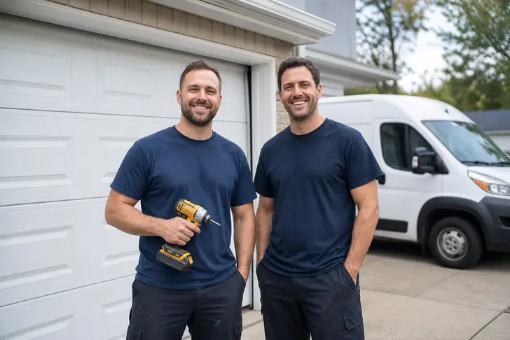 A garage door crew in front of a new door