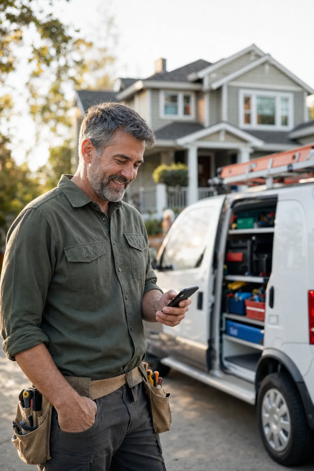 A handyman business owner checking the day's jobs on his phone in a driveway, a craftsman house and his work van behind