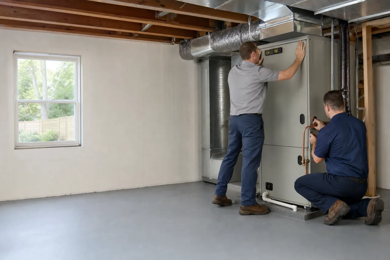 Two installers fitting a new heat pump air handler in a basement utility room