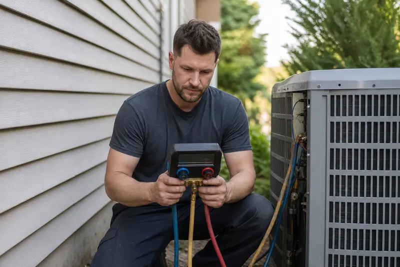 An HVAC technician reading gauges at a condenser