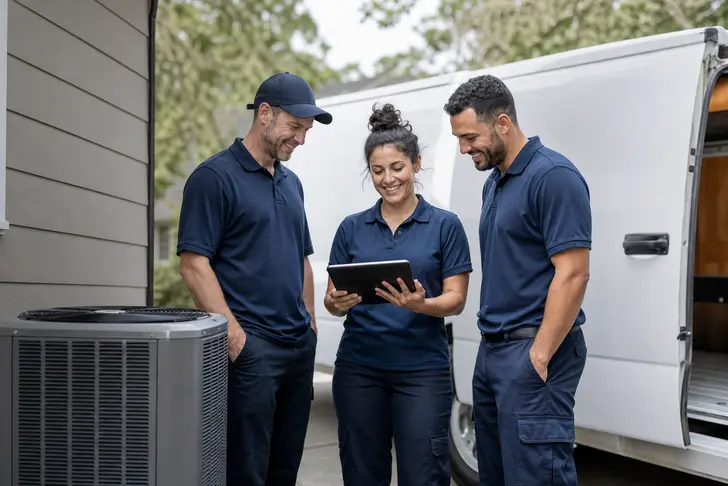 An HVAC team of three in a driveway