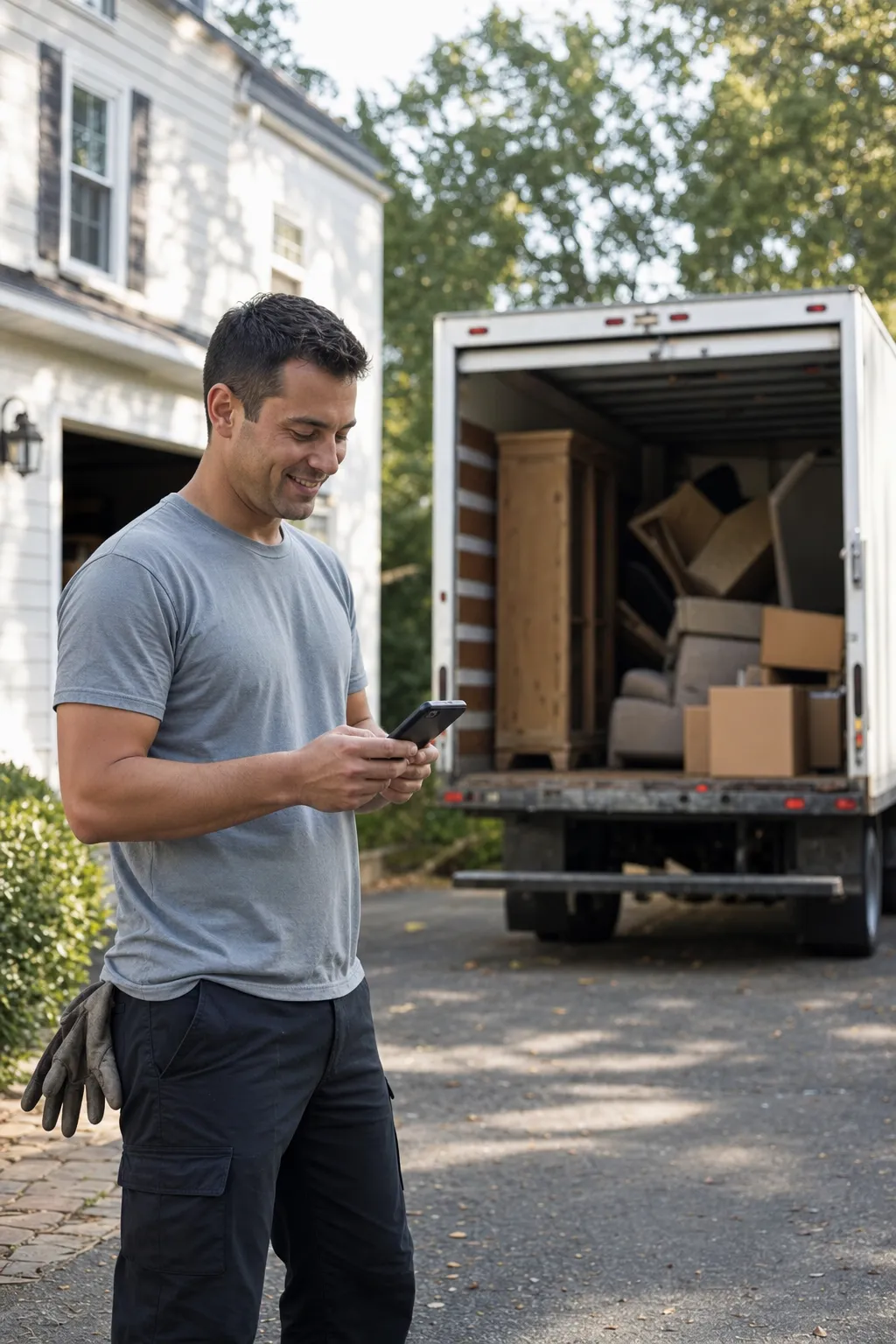 A junk removal crew lead checking the day's pickups on a phone in a driveway, a half-loaded box truck behind him