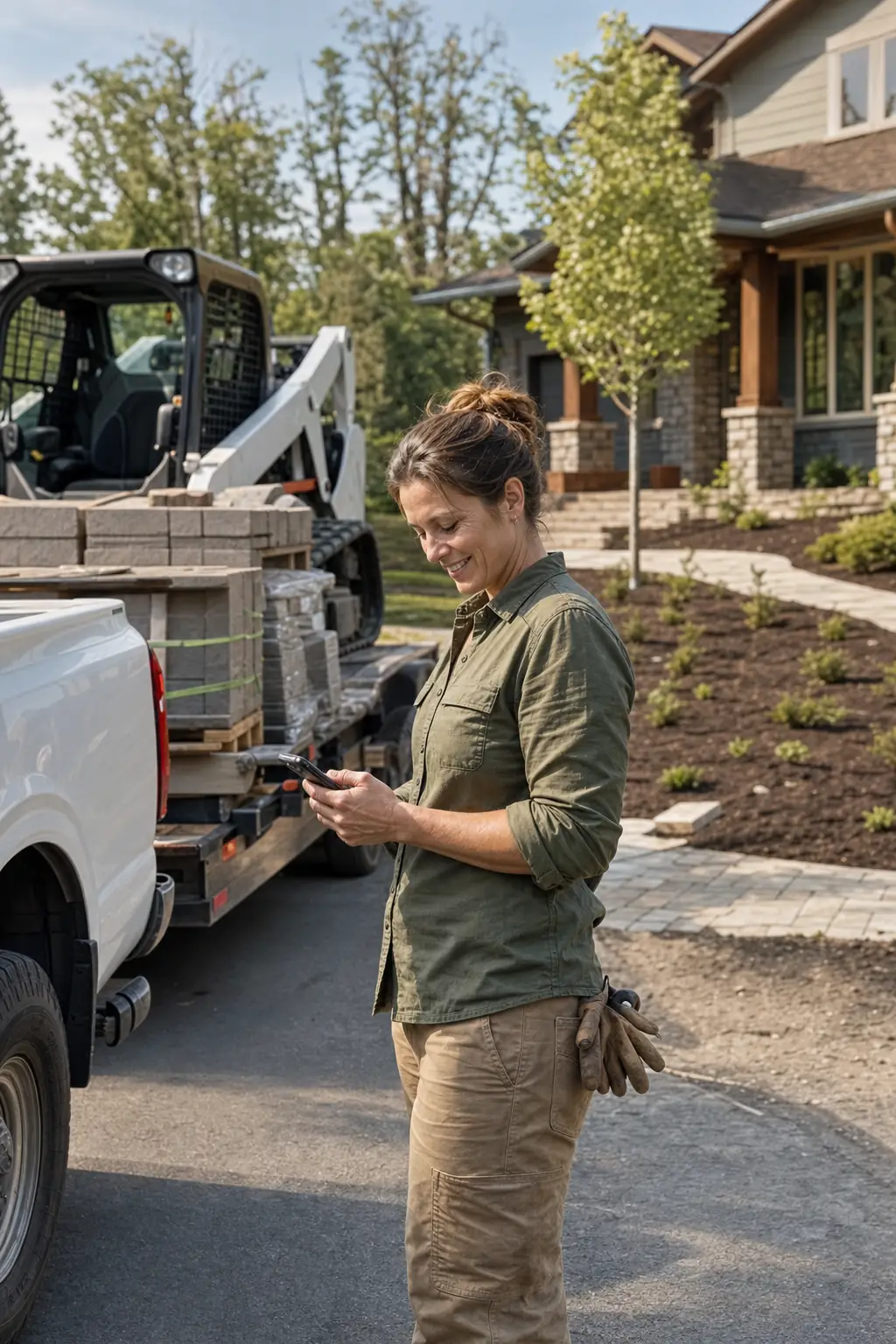 A landscaping owner checking jobs on a phone beside her truck and paver trailer