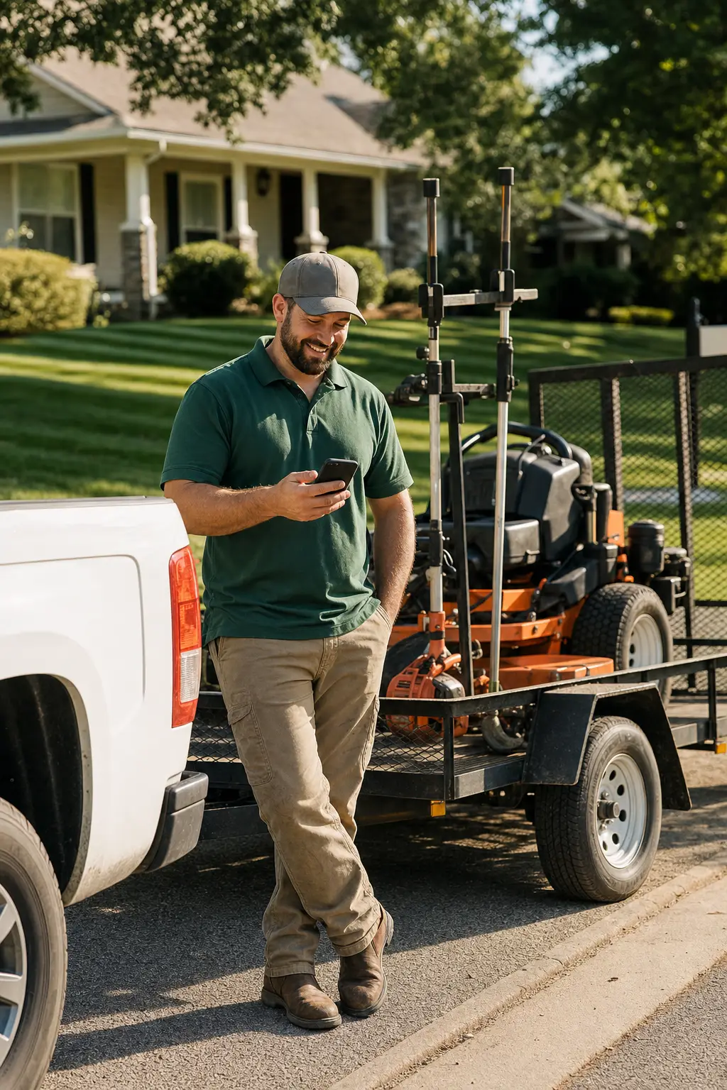 A lawn care owner checking the day's route on a phone beside his truck and mower trailer, a freshly striped lawn behind