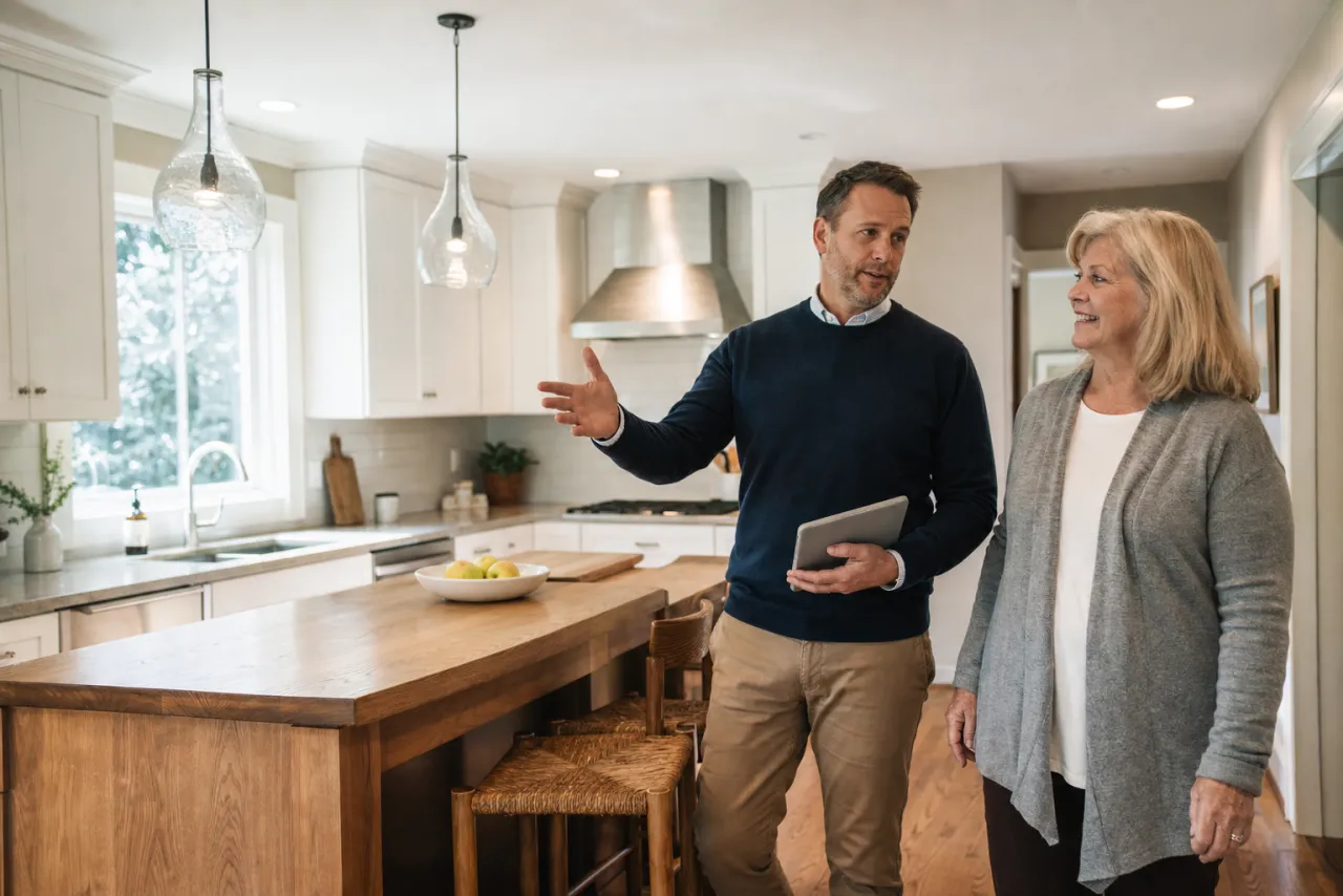 An agent walking a homeowner through her kitchen