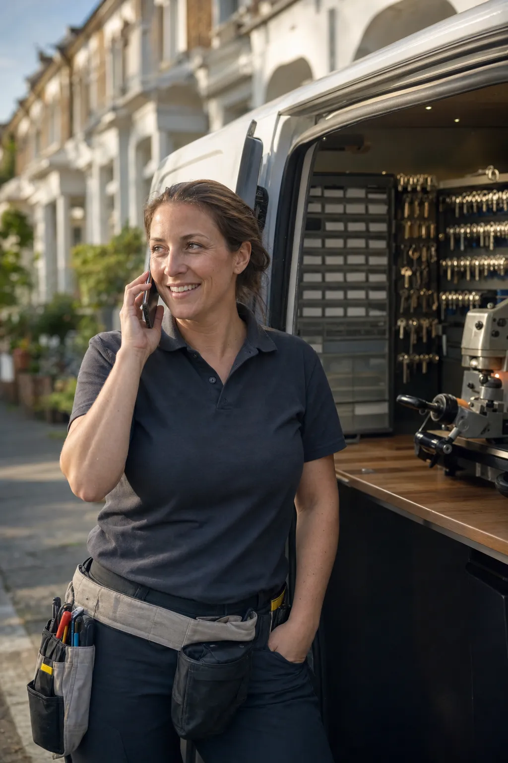 A locksmith on the phone beside her work van, a wall of key blanks and a key machine inside, townhouse front doors behind