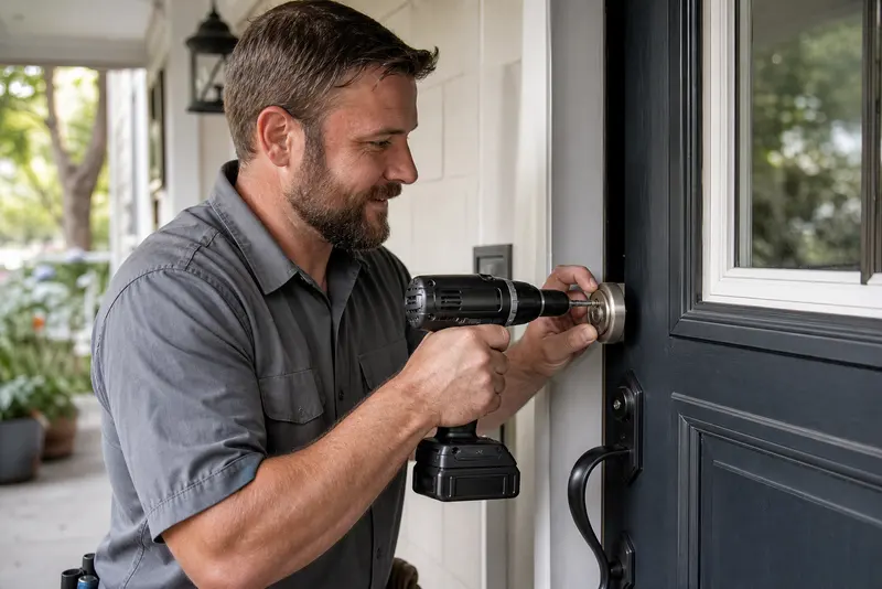 A locksmith installing a deadbolt