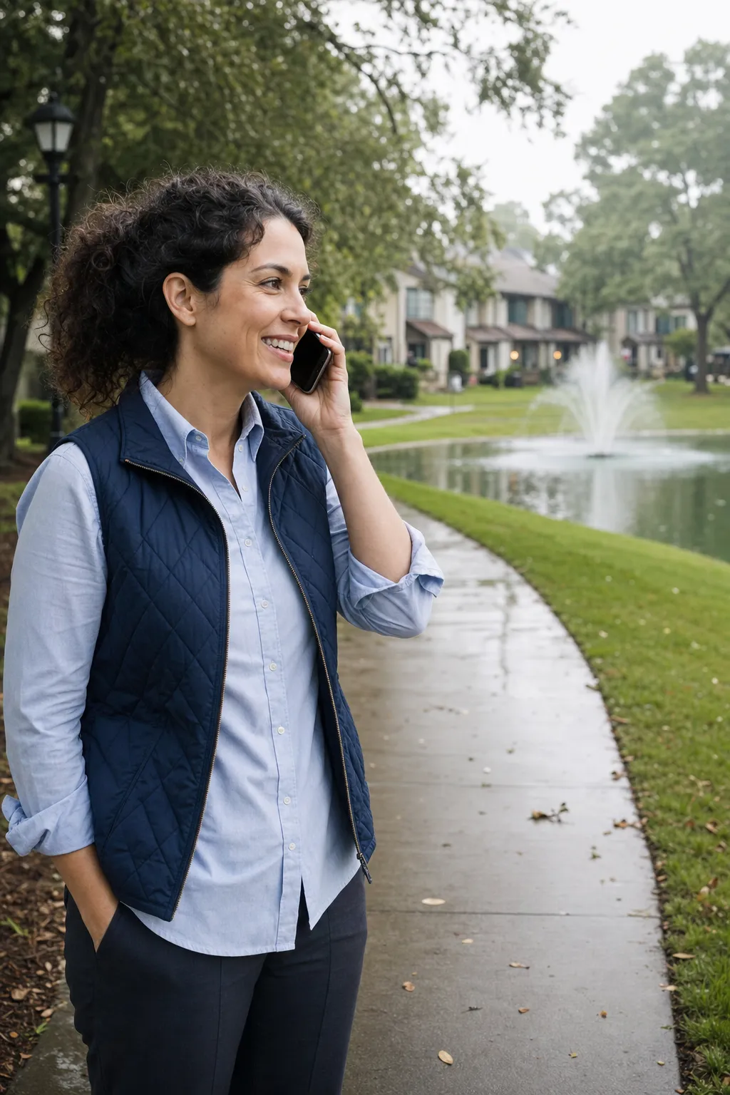 A community association manager on a phone call beside a community pond