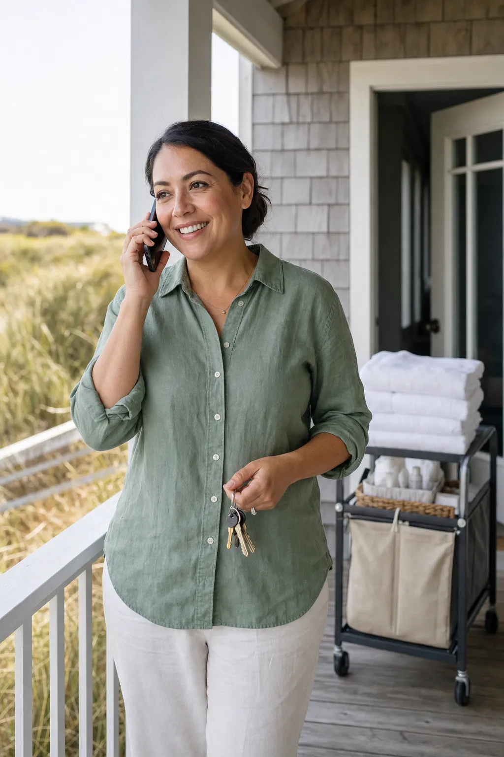 A vacation rental operations manager on a phone call on the porch of a shingled beach house, a ring of house keys in her hand