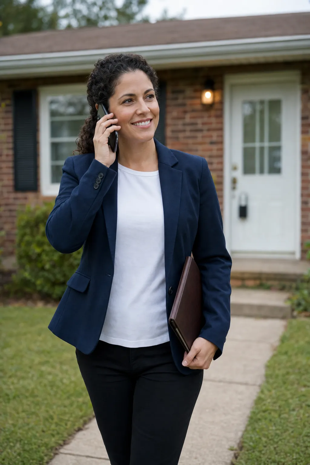 A property manager smiling on a phone call as she walks up the front path of a brick rental house, a leather folio under her arm