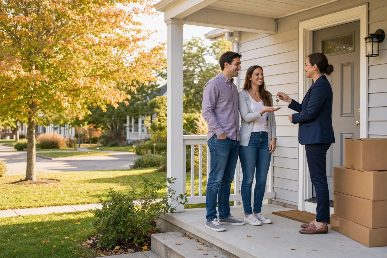 A property manager handing house keys to a young couple on a rental porch