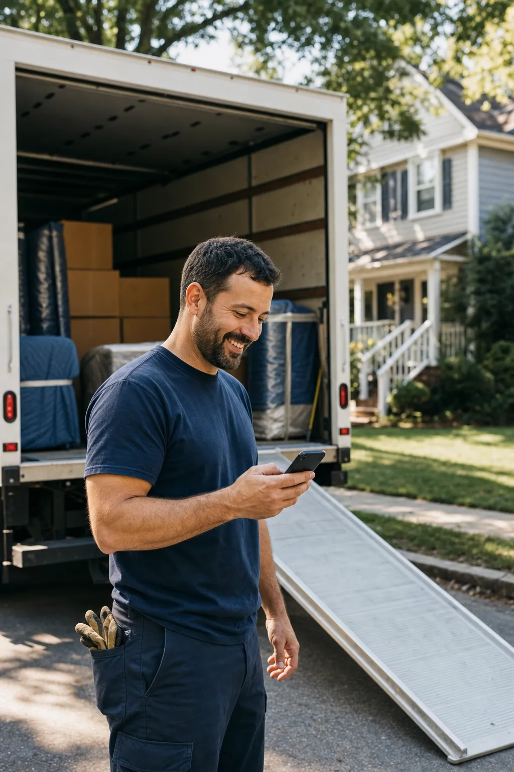 A moving company owner checking the day's moves on a phone beside an open box truck, a two-story house behind