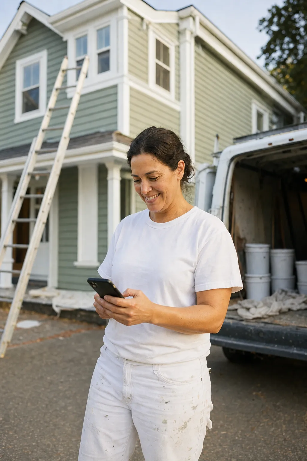 A painting company owner checking the day's jobs on a phone in a driveway, a freshly painted house and a work van behind her
