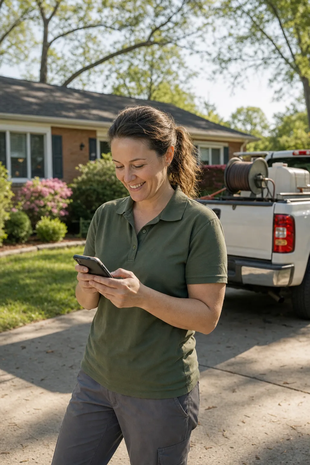 A pest control business owner checking the day's jobs on her phone in a driveway, a white service truck and a brick house behind her