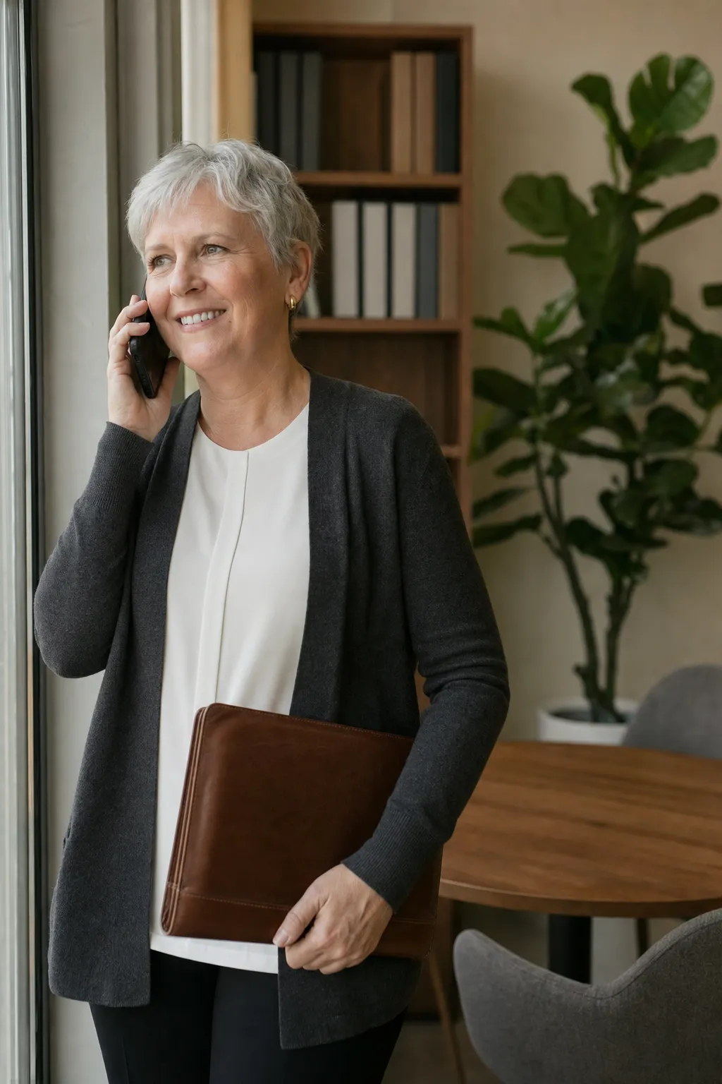 A financial planner on a phone call in her office
