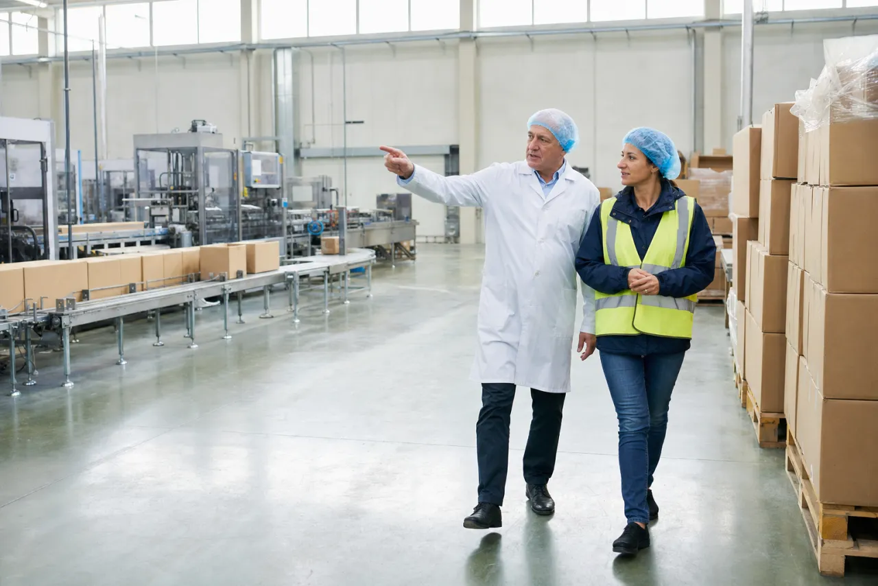 A staffing account manager walking a client's food plant floor with its operations manager