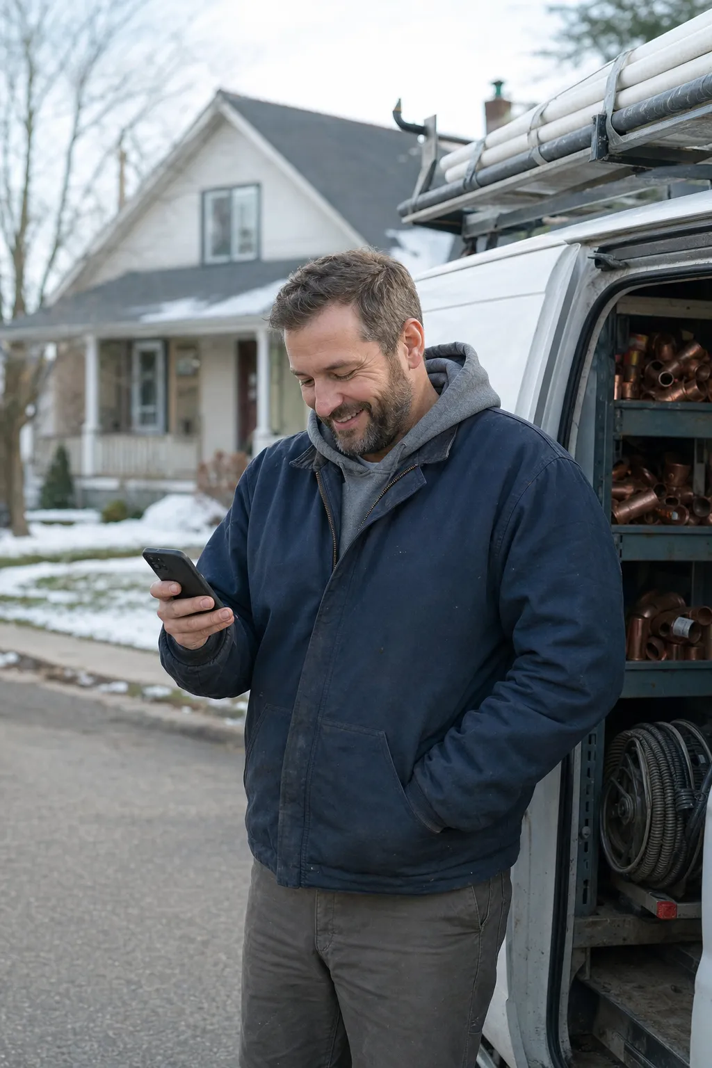 A plumber checking the day's jobs on a phone beside the open side door of his work van on a quiet winter street