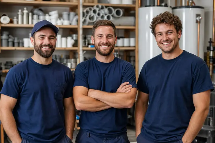 A plumbing crew in their shop