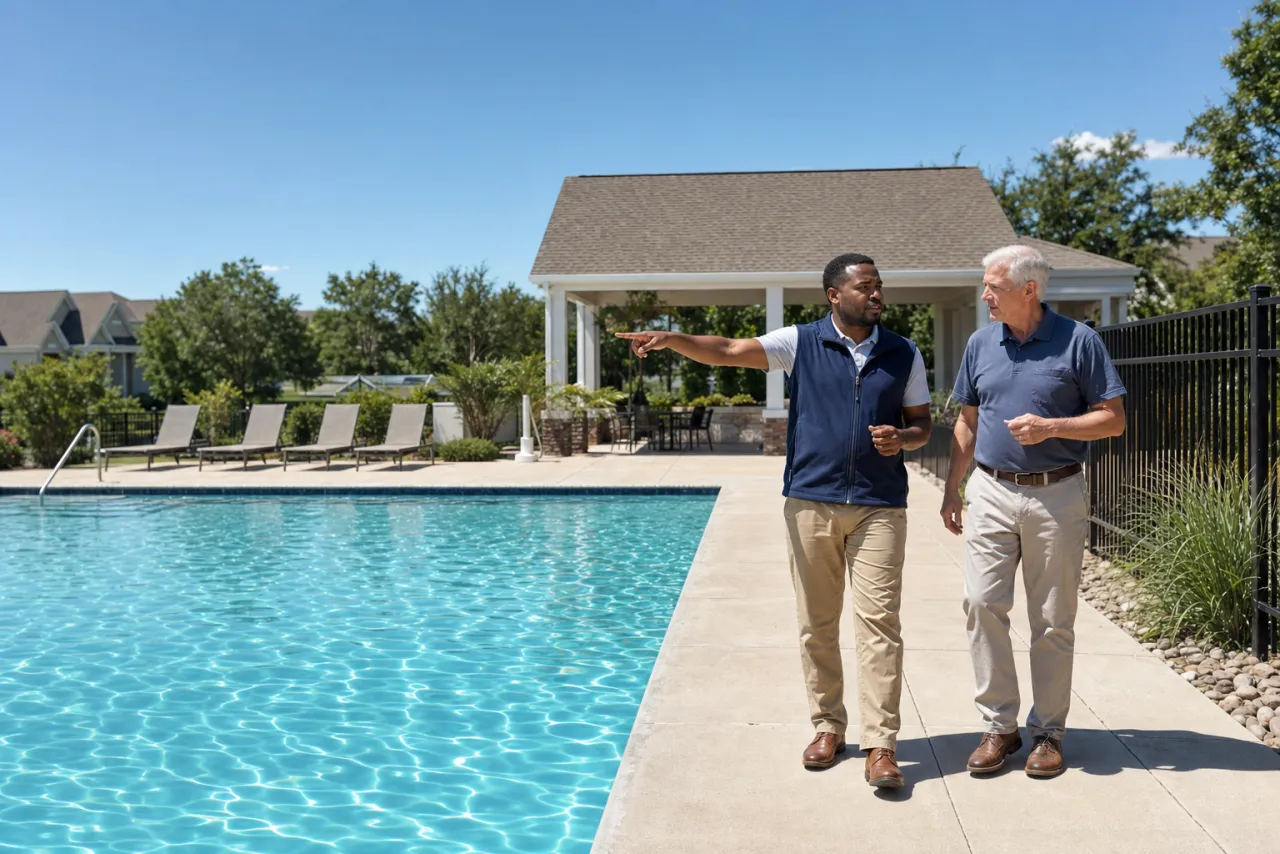 A community manager and a board member walking a community pool deck