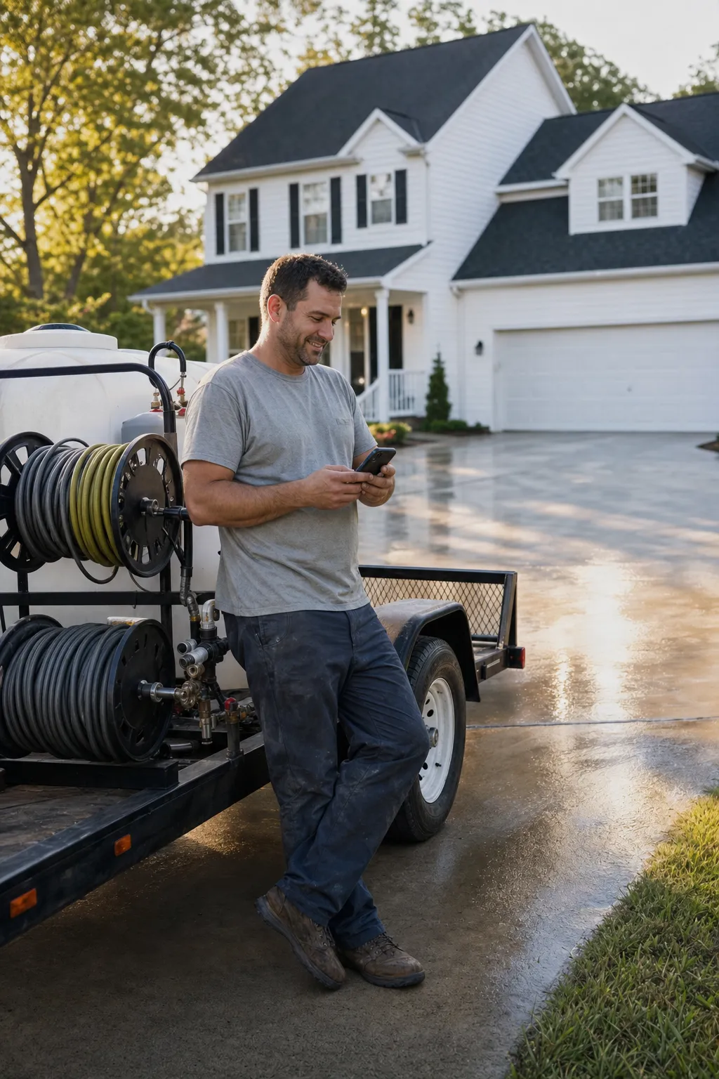 A pressure washing owner checking the day's jobs on a phone beside his wash trailer, a freshly washed house behind